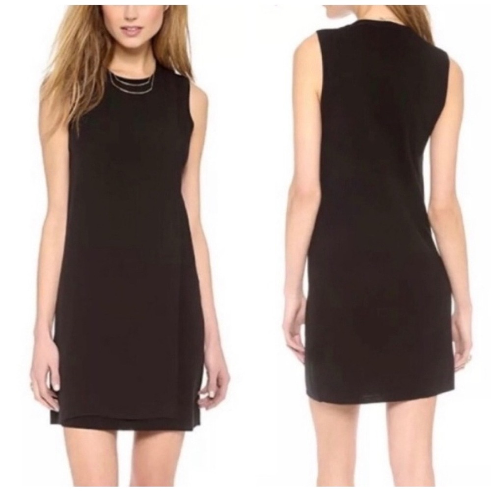 Theory Dress Womens Small Black Sleeveless Wool Knit Stretch Silk Overlay Sheath